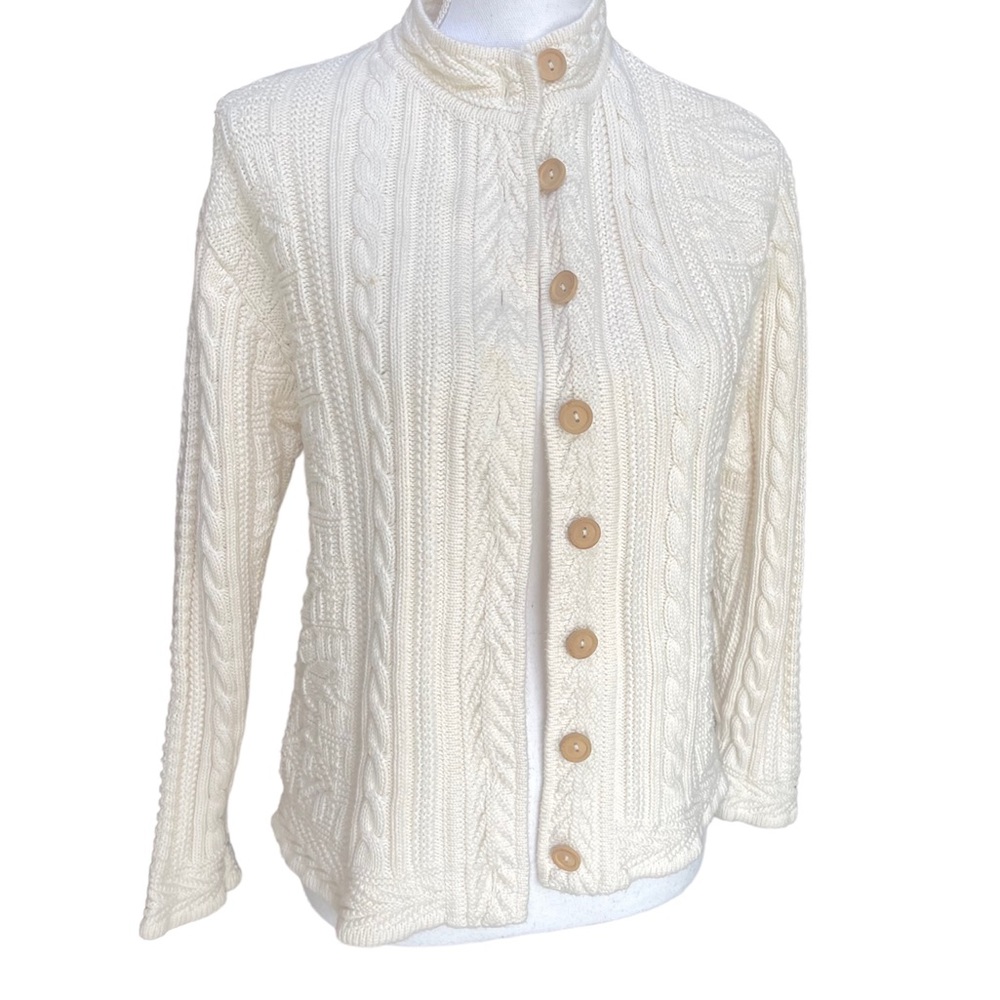 L.L.Bean Vintage Fisherman Cable Knit Button Up Cardigan Sweater Medium Cotton